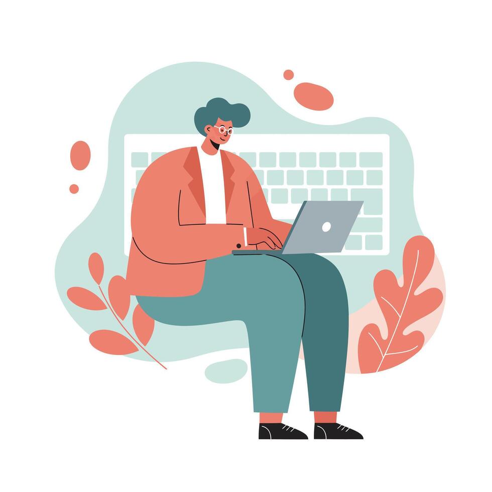 Person working on laptop with abstract keyboard background and green and coral color palette digital illustration vector