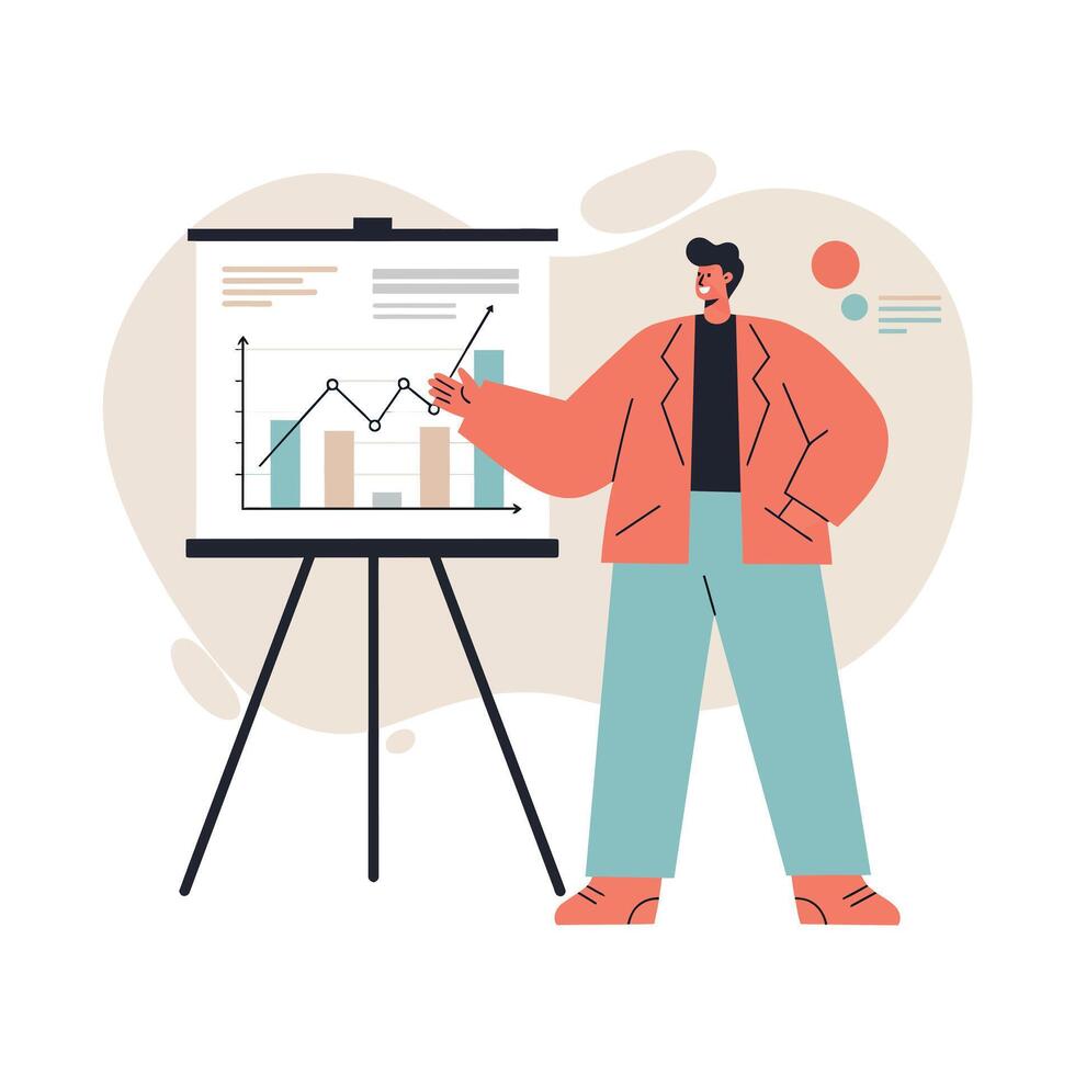 Business professional presenting data chart on tripod board during meeting in modern workspace vector