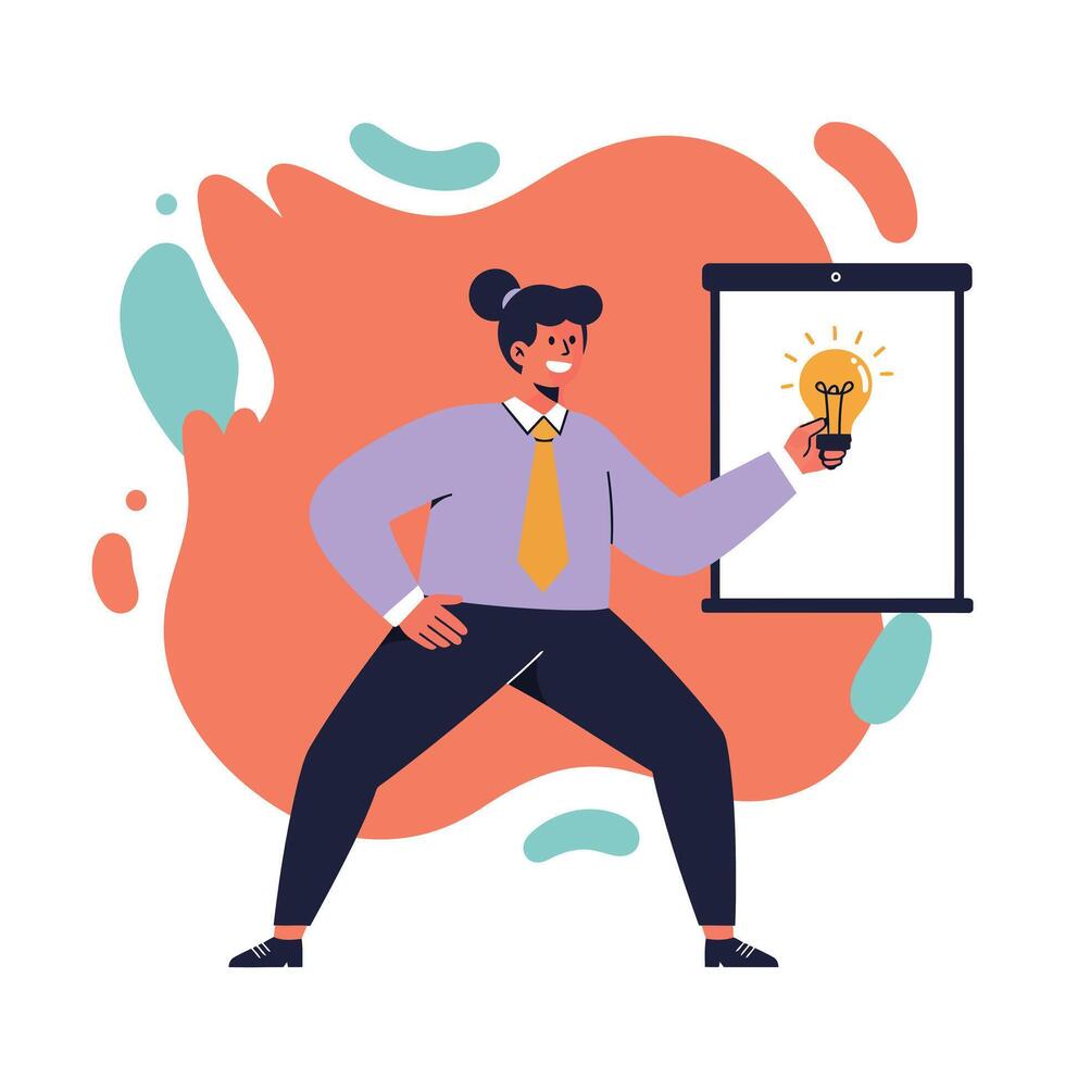 Businessman presenting innovative idea with light bulb on flip chart in colorful abstract background vector