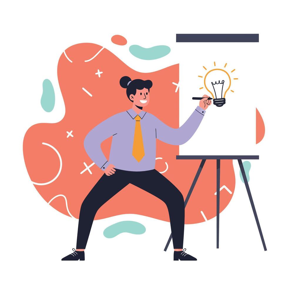 Businessman presenting creative light bulb idea on flip chart in modern office setting for innovation vector