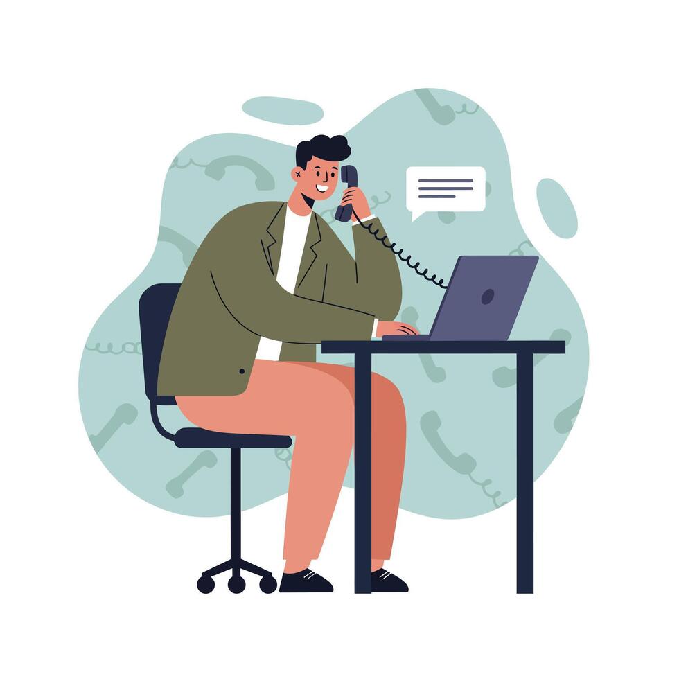 Young man talking on corded phone while working on laptop in modern office setting digital illustration vector