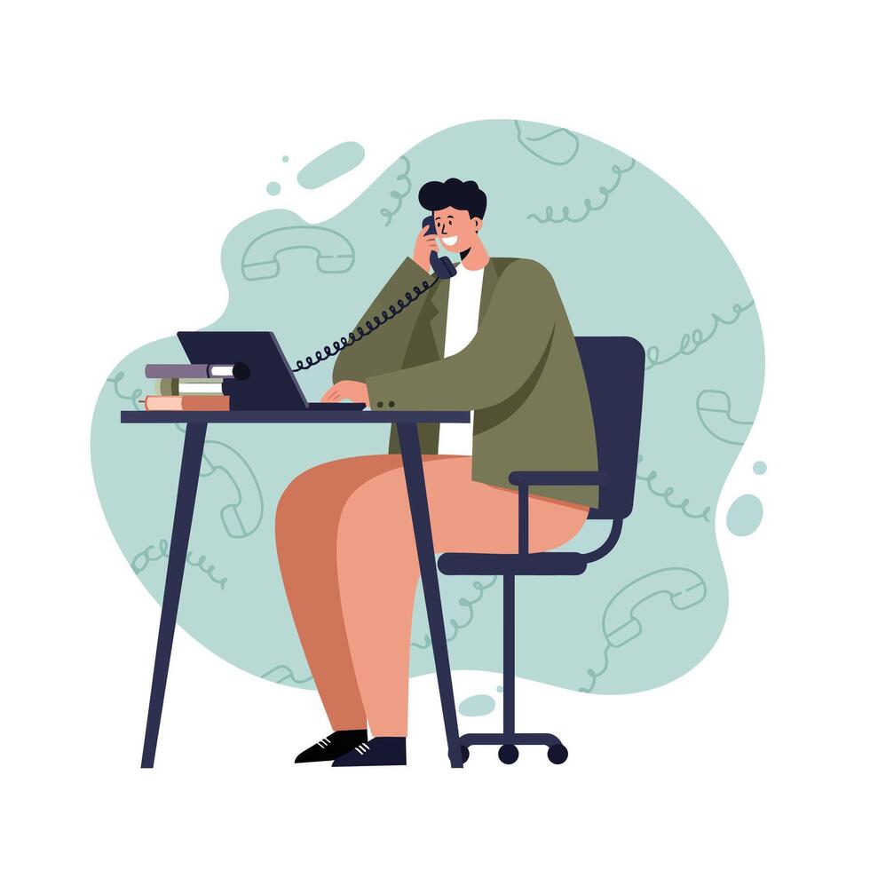 Man working from home talking on phone at office desk with computer and books in casual outfit vector