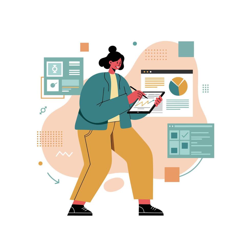 Woman analyzing data charts and graphs on digital tablet in business analytics setting with modern flat design vector