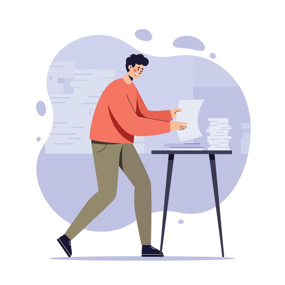 Man organizing paperwork on table in casual clothing in indoor workspace environment vector