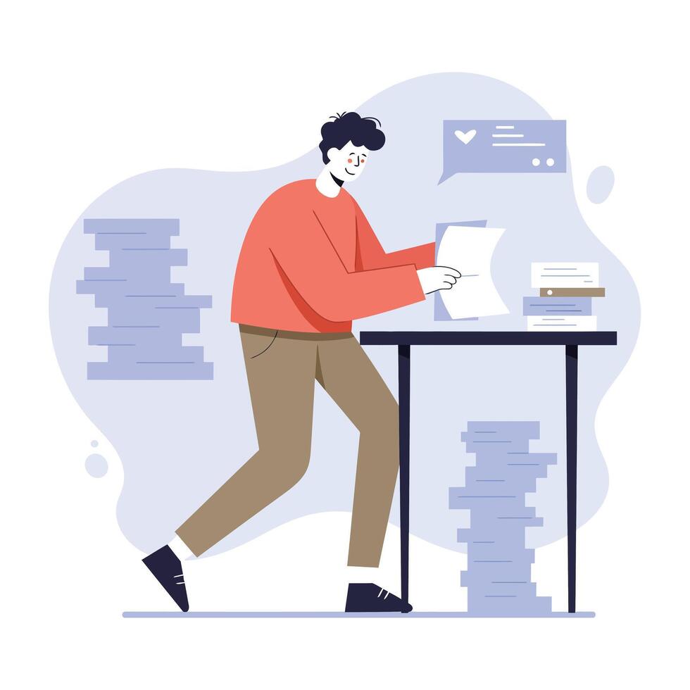 Man standing and working with papers at a desk surrounded by stacks of documents in office environment vector