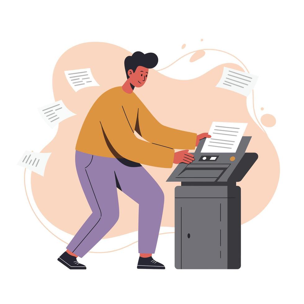 Man Using Office Printer Copier Machine for Document Printing and Copying Workflow Efficiency vector