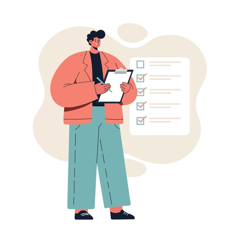 Person Holding Clipboard with Checklist Illustration in Casual Outfit for Task Management and Organization vector