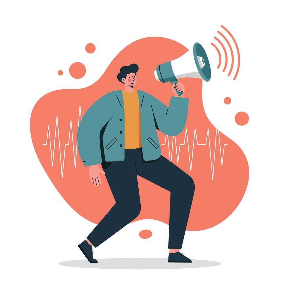 Man using megaphone spreading message with sound waves in orange background illustration vector