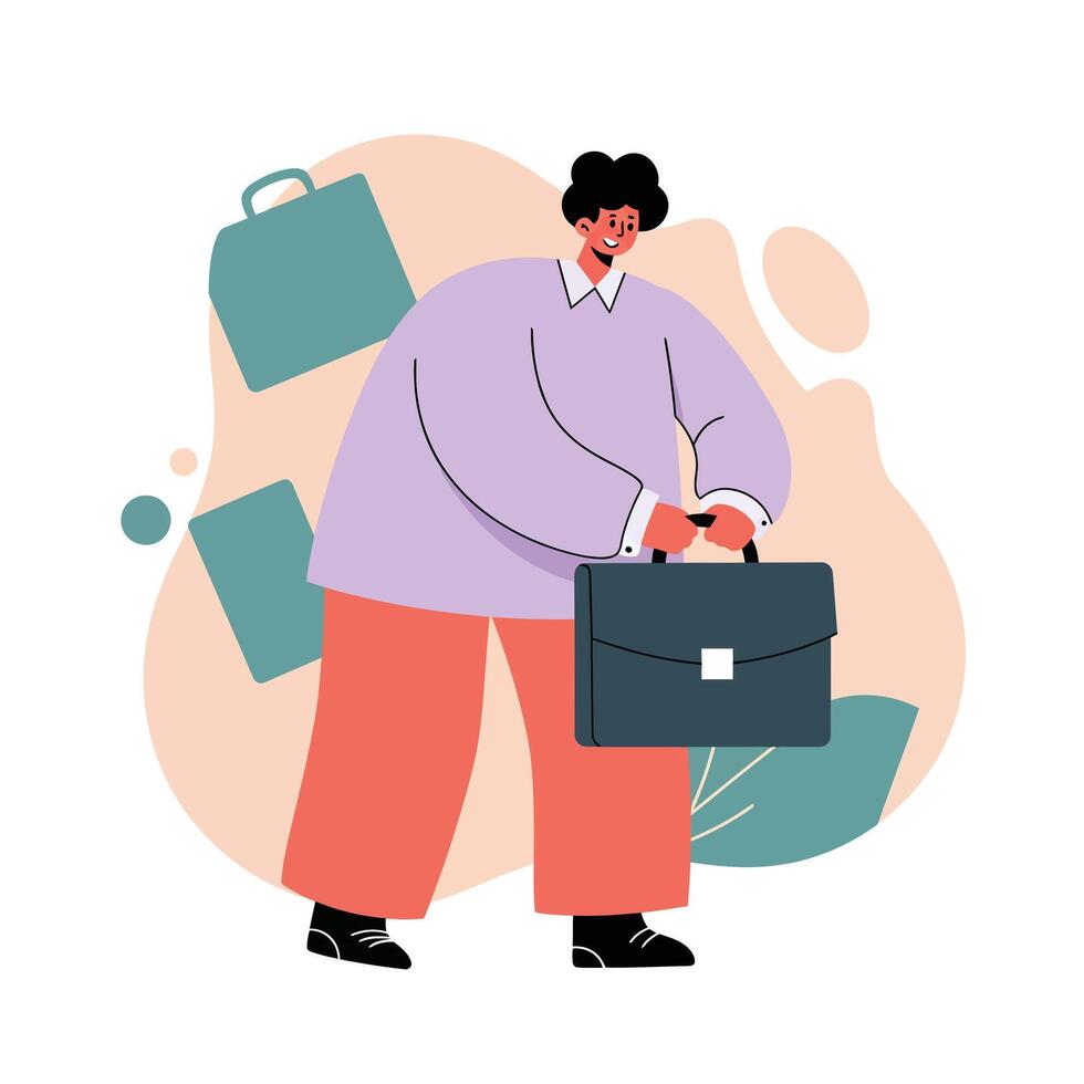Person carrying briefcase walking with floating suitcases business travel concept illustration vector