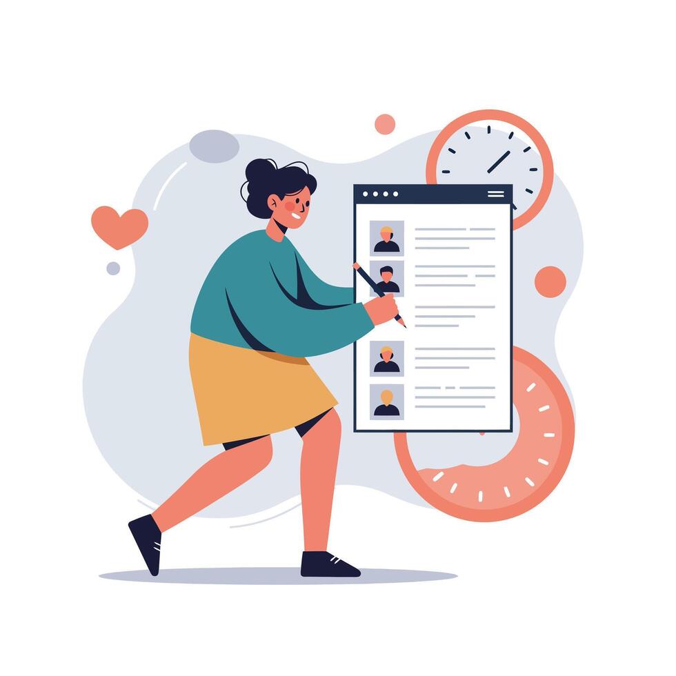 Woman interacting with digital contact list and clocks symbolizing time management and communication efficiency vector