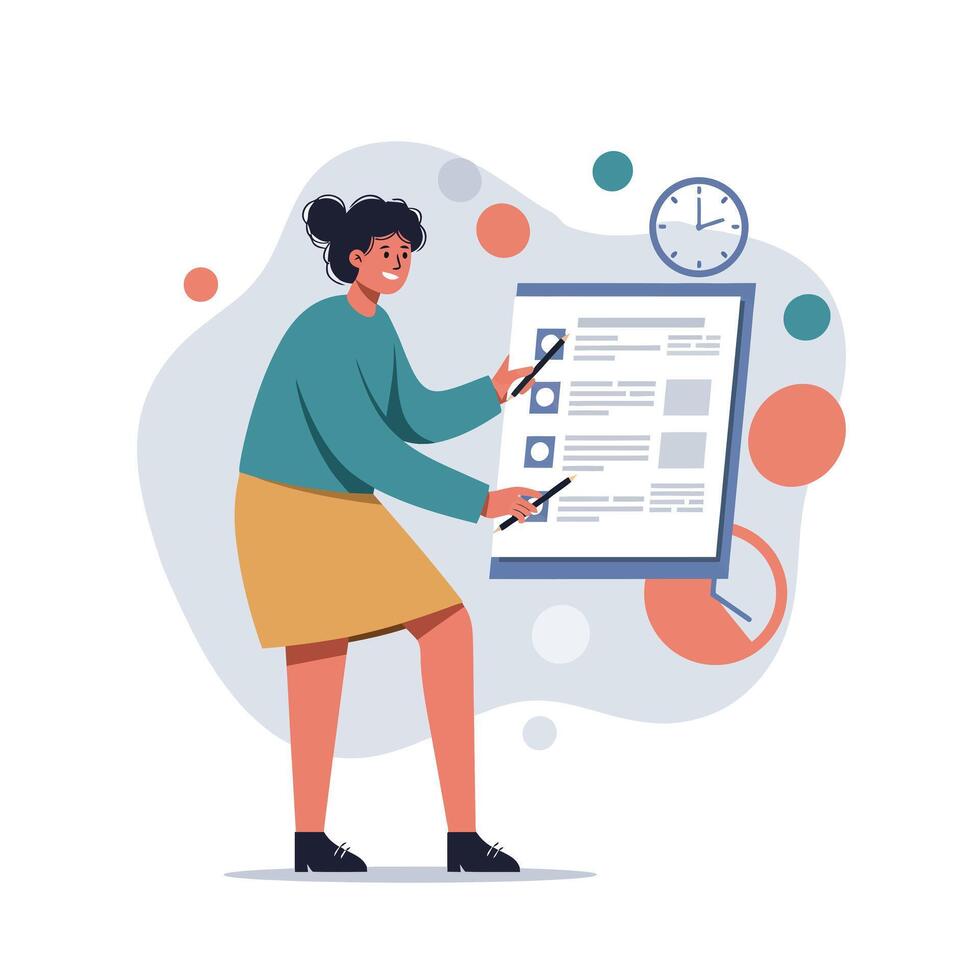 Woman completing checklist on large clipboard with clock in background in office setting vector