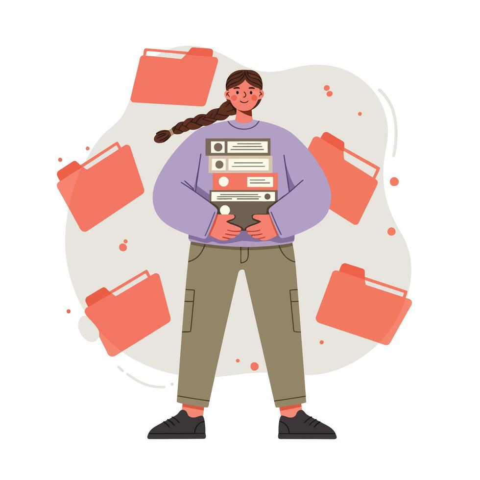 Woman carrying stack of folders and documents with multiple red folders floating around in background digital illustration vector