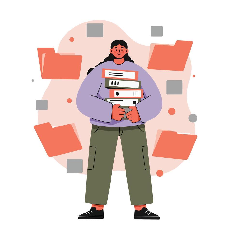 Woman holding stack of binders surrounded by floating file folders in office environment digital illustration vector