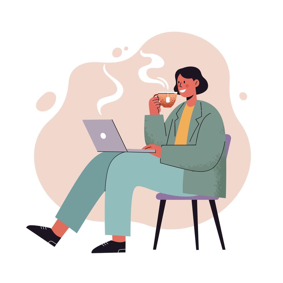 Person enjoying hot beverage while working on laptop in casual indoor setting with steam rising from cup vector