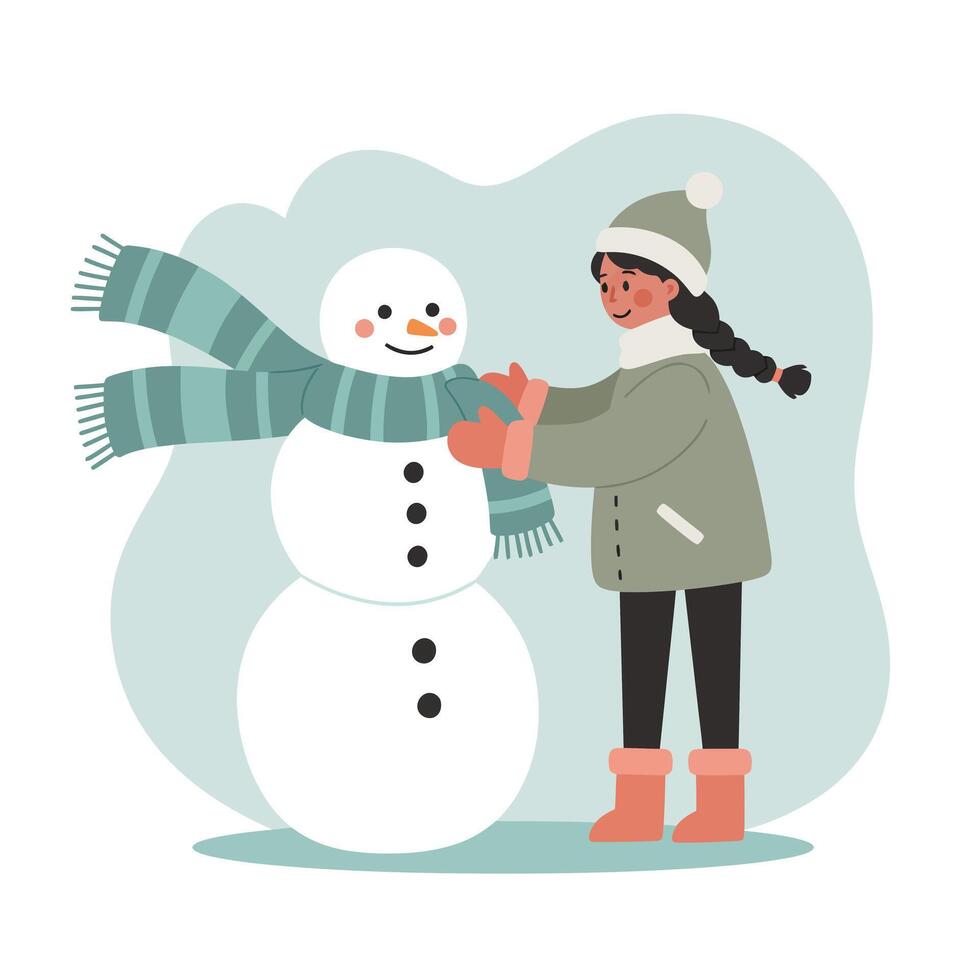 Child building snowman with green scarf and winter clothing enjoying snowy outdoor activity vector