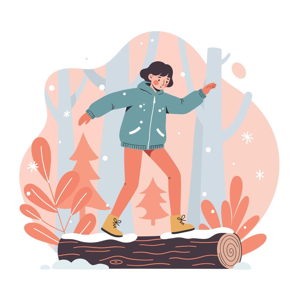 Child walking on tree log in winter forest with orange foliage and snowflakes in flat style illustration vector