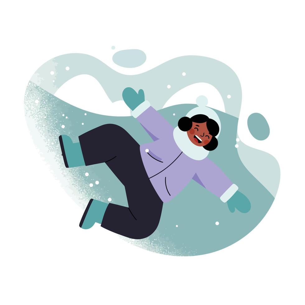 Child in winter clothes making snow angel on snowy ground playful joyful scene vector