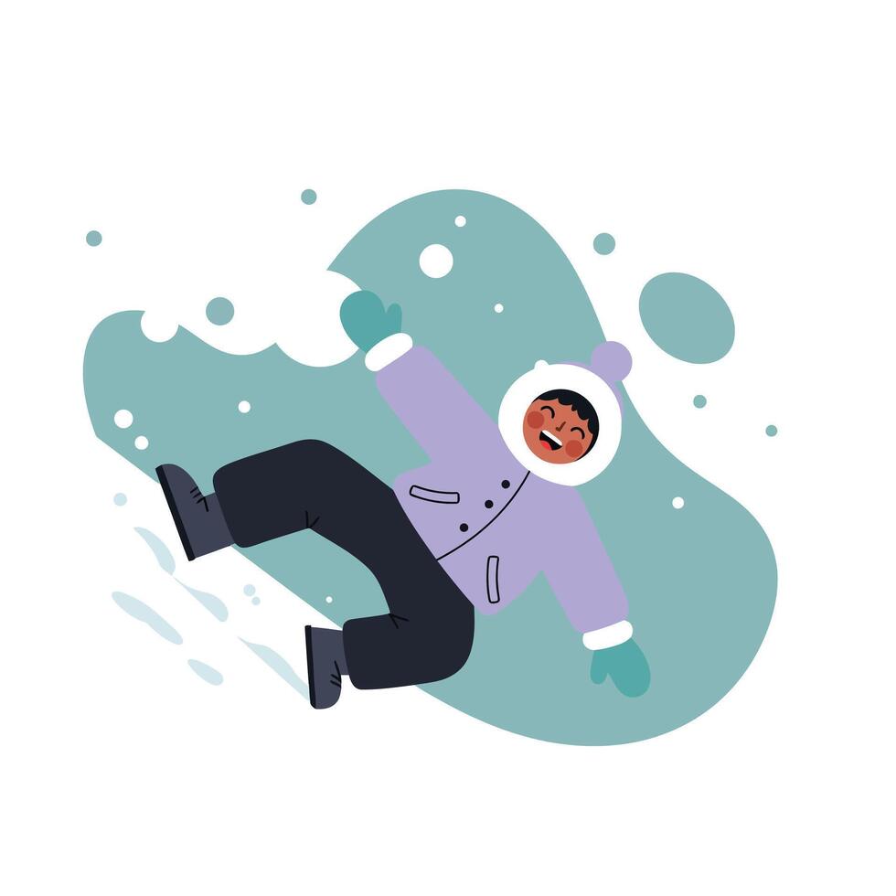 Child sliding joyfully on snow wearing winter coat and gloves in playful outdoor activity vector