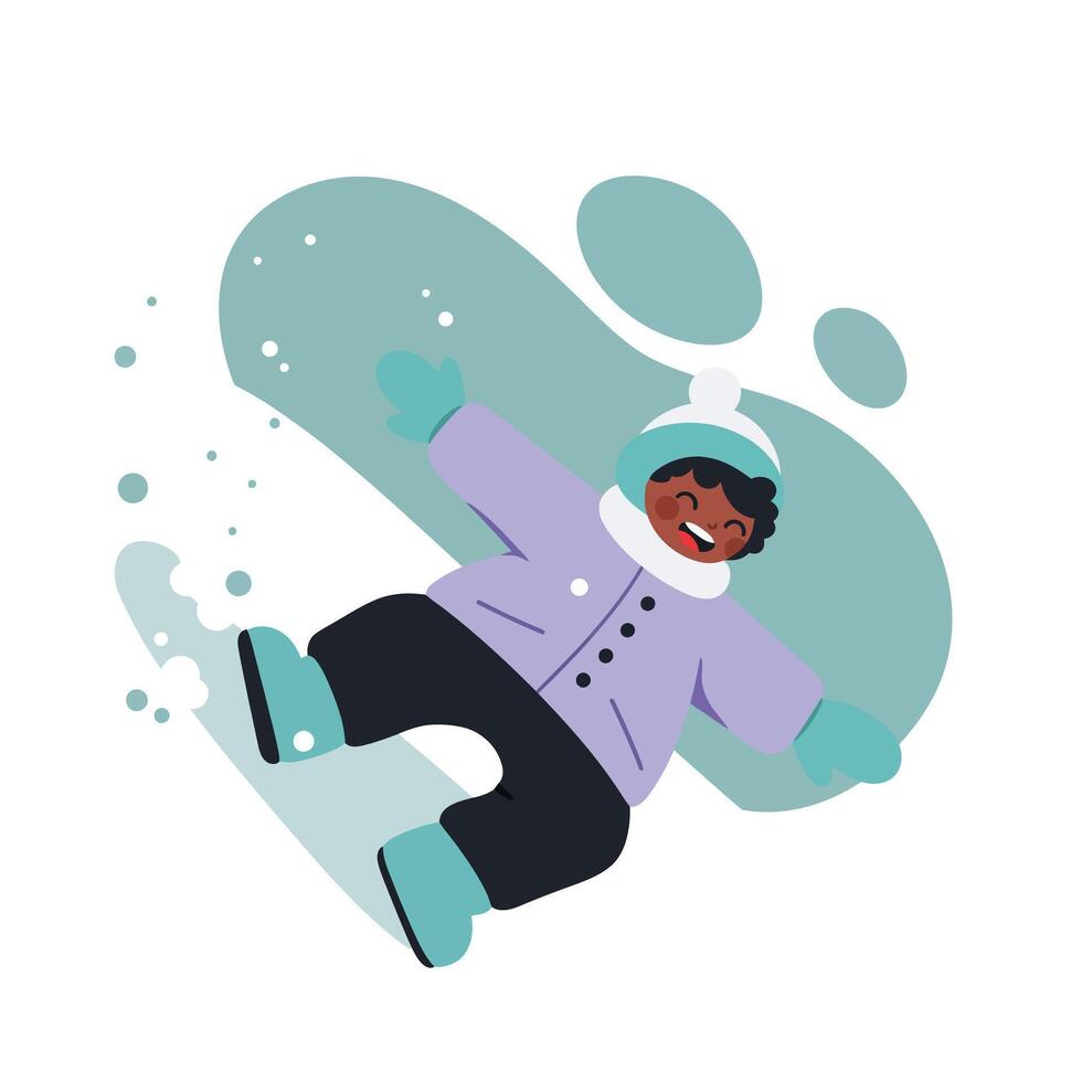 Child wearing purple winter jacket and boots playing in snow with joyful expression in cold weather outdoor scene vector