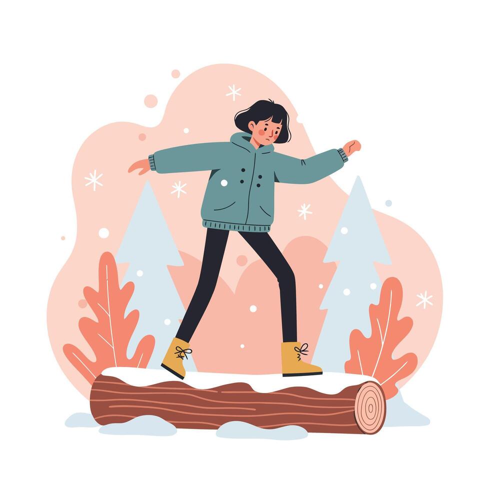 Young person balancing on log in snowy forest scene with winter plants and snowflakes illustration vector