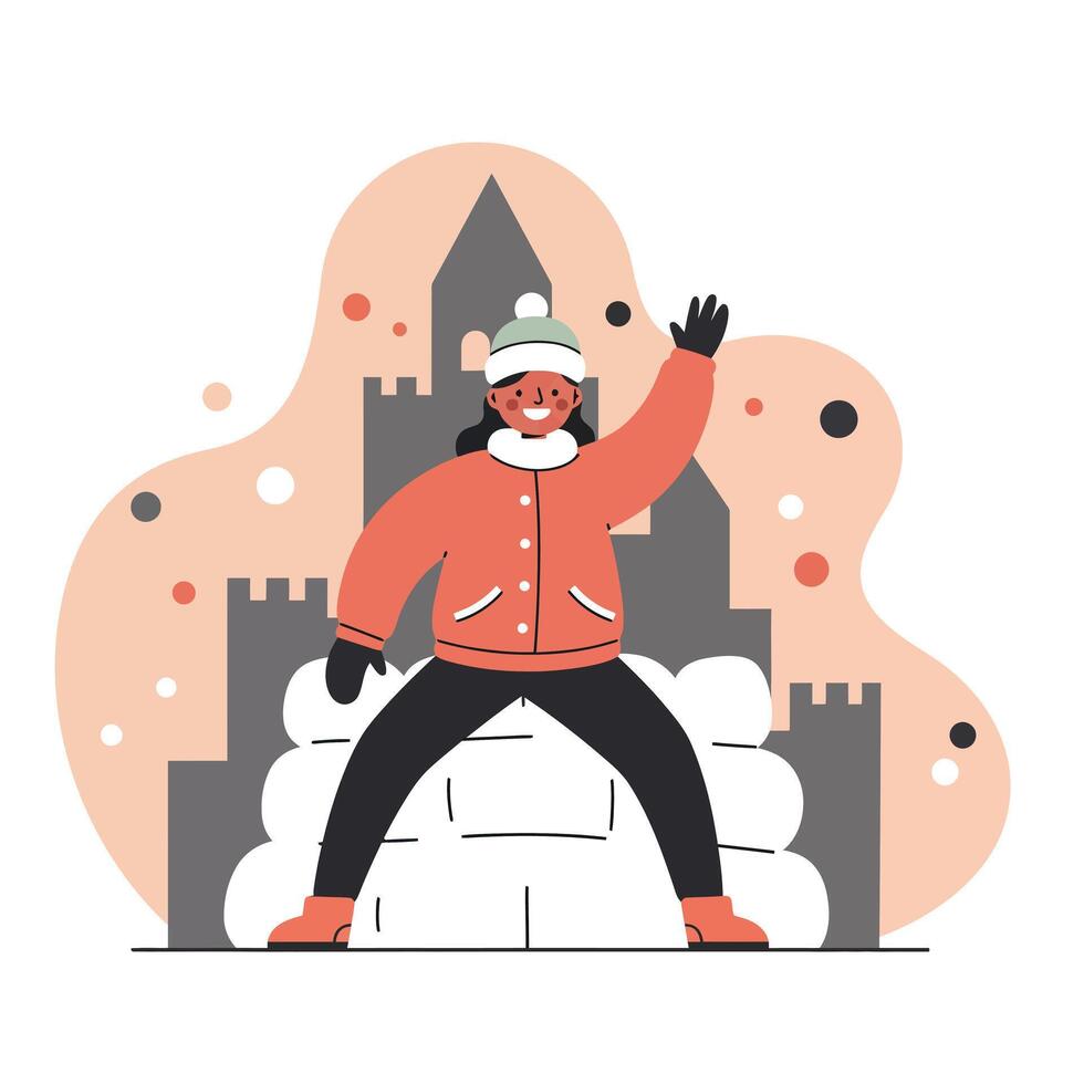Child in winter clothes playing in snow with castle background cheerful and festive scene vector