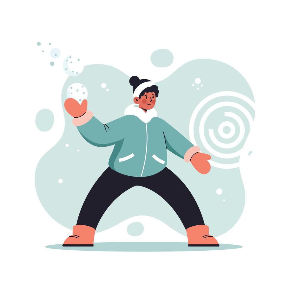 Child playing snowball game in winter clothing with mittens and hat in cold weather outdoor activity vector