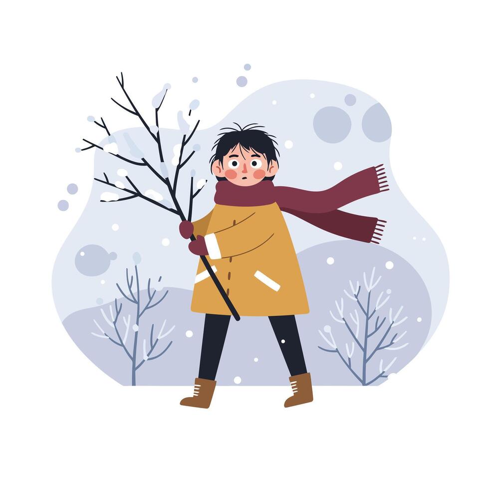 Child carrying bare branch in snowy winter landscape with scarf and boots in cold weather outdoor scene vector