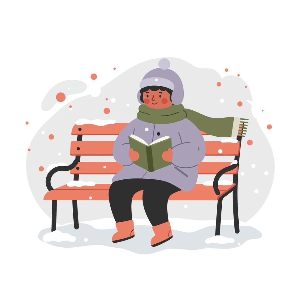 Child bundled in winter clothes sitting on park bench reading book during snowfall in cold season vector