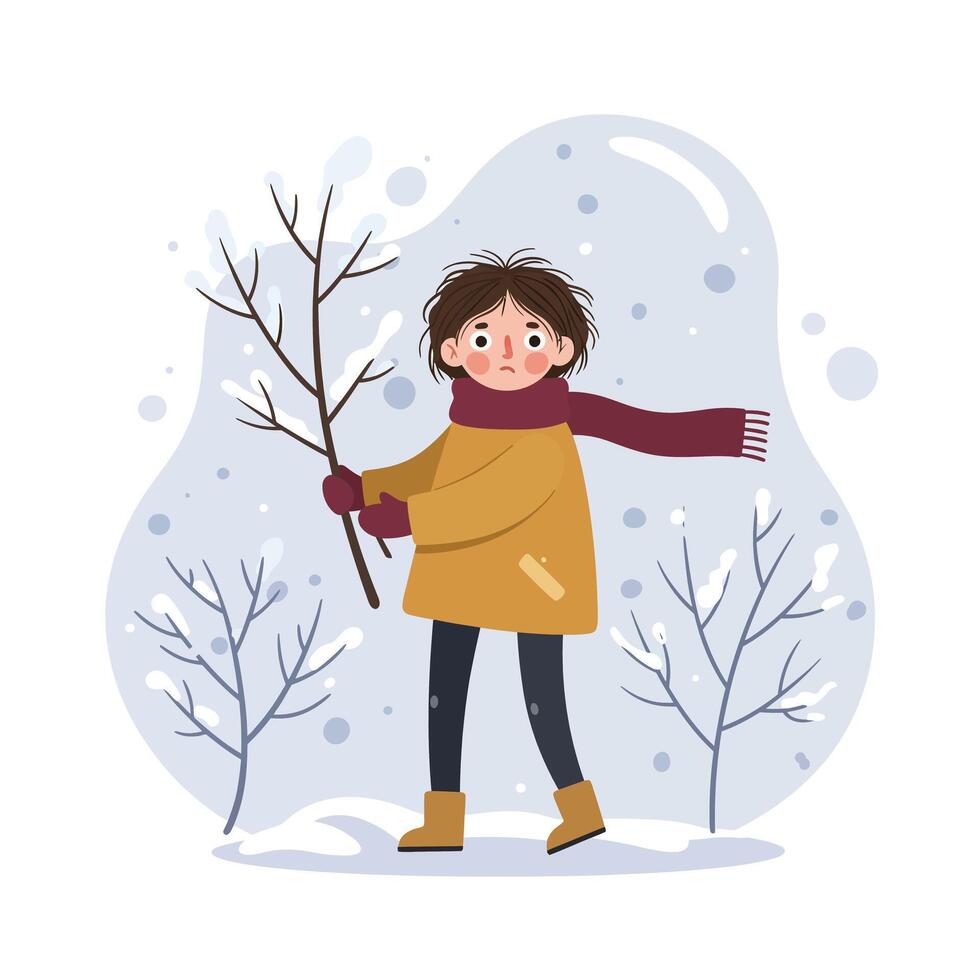 Child in yellow coat holding tree branch in snowy winter landscape with bare trees and red scarf vector