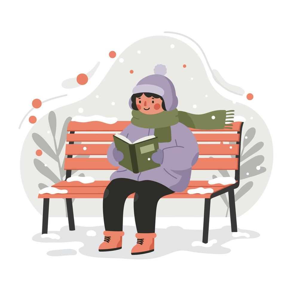 Child sitting on bench reading book in winter snow wearing warm hat scarf and boots vector