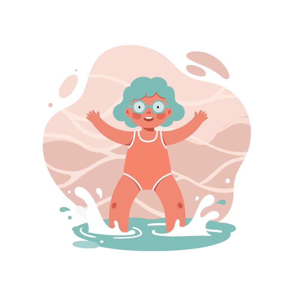 Toddler girl with blue hair splashing water in playful summer scene with abstract background and joyful expression vector