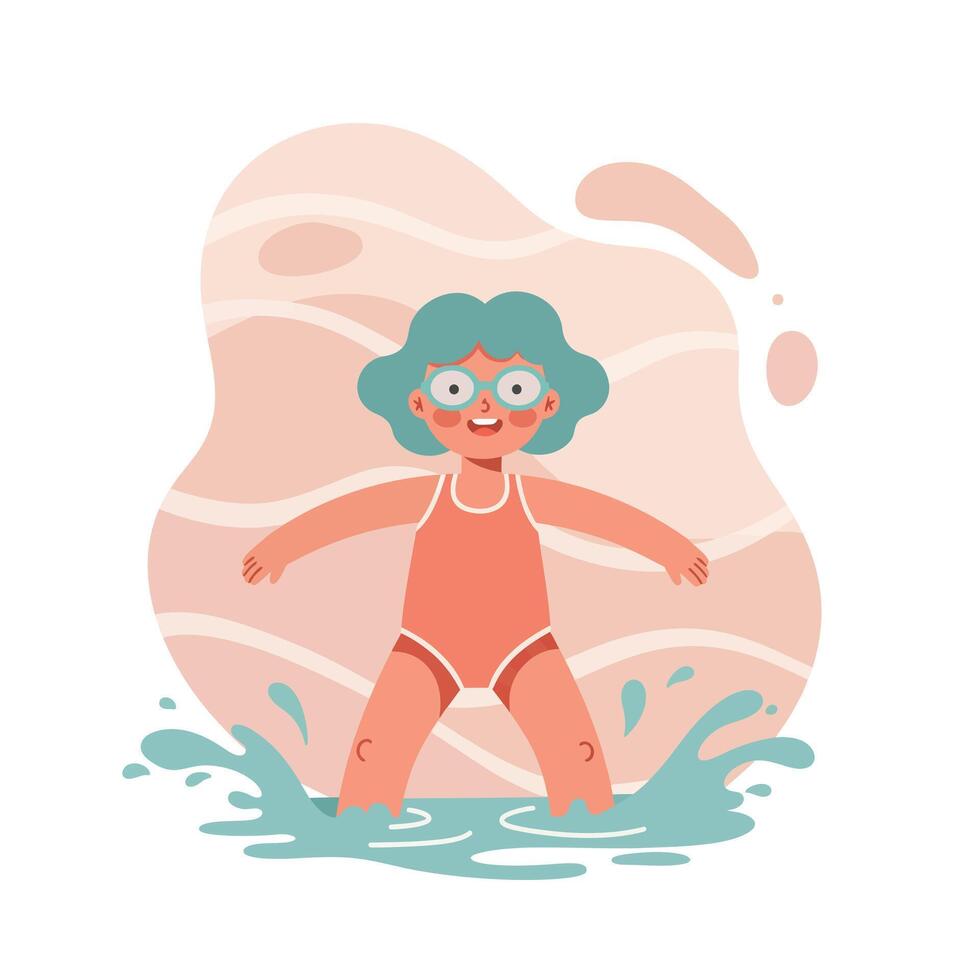 Child with swimming goggles and swimsuit splashing water in playful summer activity for kids vector
