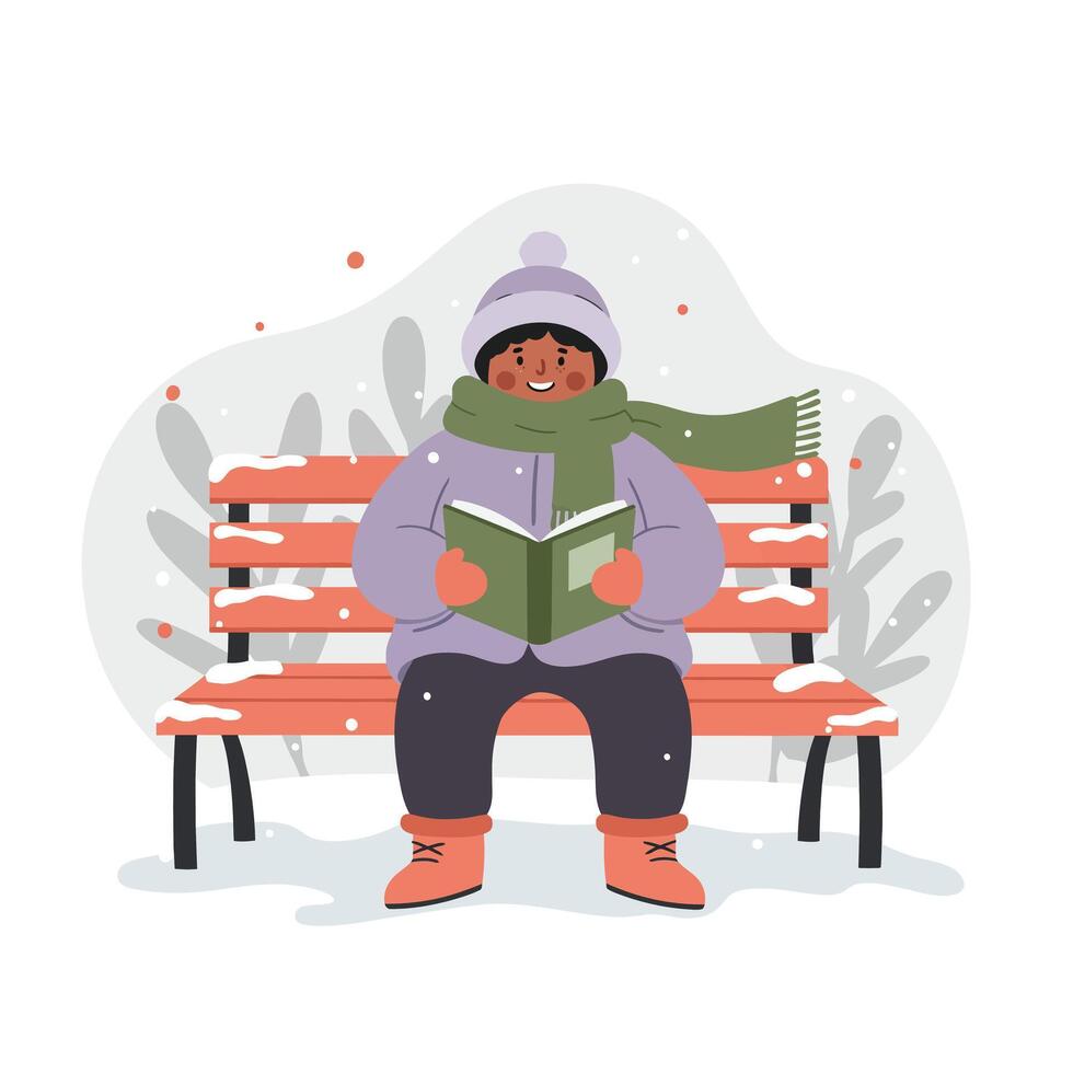 Child reading book on snowy bench wearing winter coat hat and scarf in cold weather outdoor scene vector