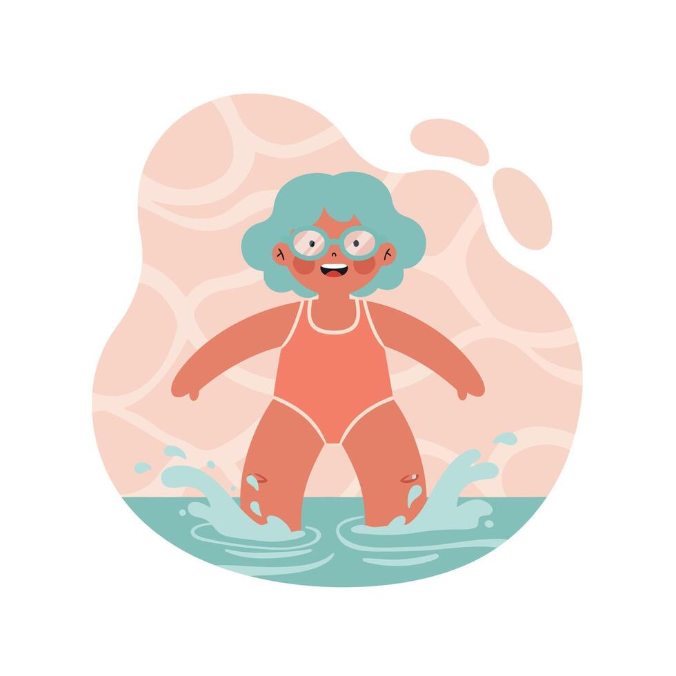 Child with blue hair wearing swimsuit splashing water in pool on summer day cheerful play vector