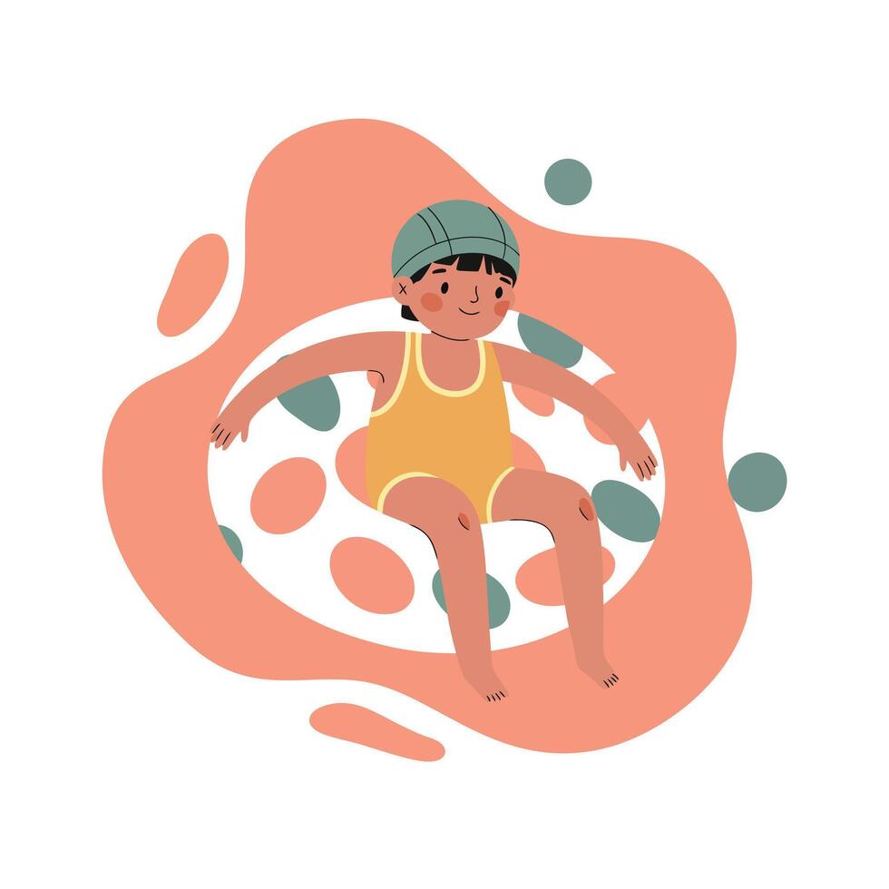 Child floating in swimming ring wearing cap and yellow swimsuit in abstract water shapes illustration vector