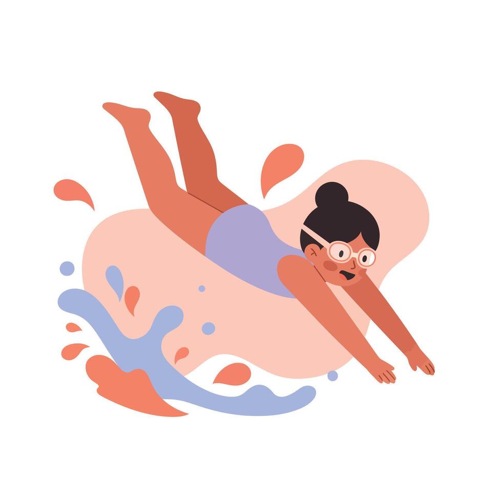 Girl wearing goggles diving into water with splash in playful summer swim activity illustration vector