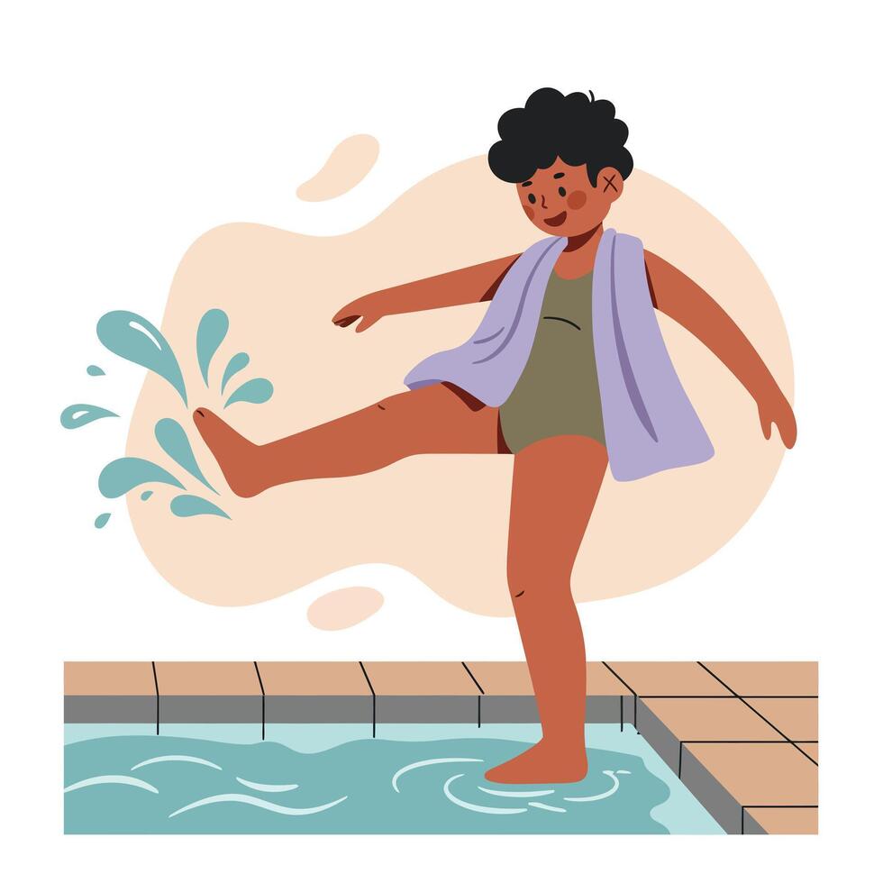 Child playing by pool splashing water with foot in summer swimwear and towel on shoulders vector