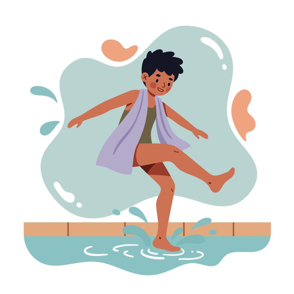 Child playing joyfully by water splash in playful summer outdoor scene with colorful background vector