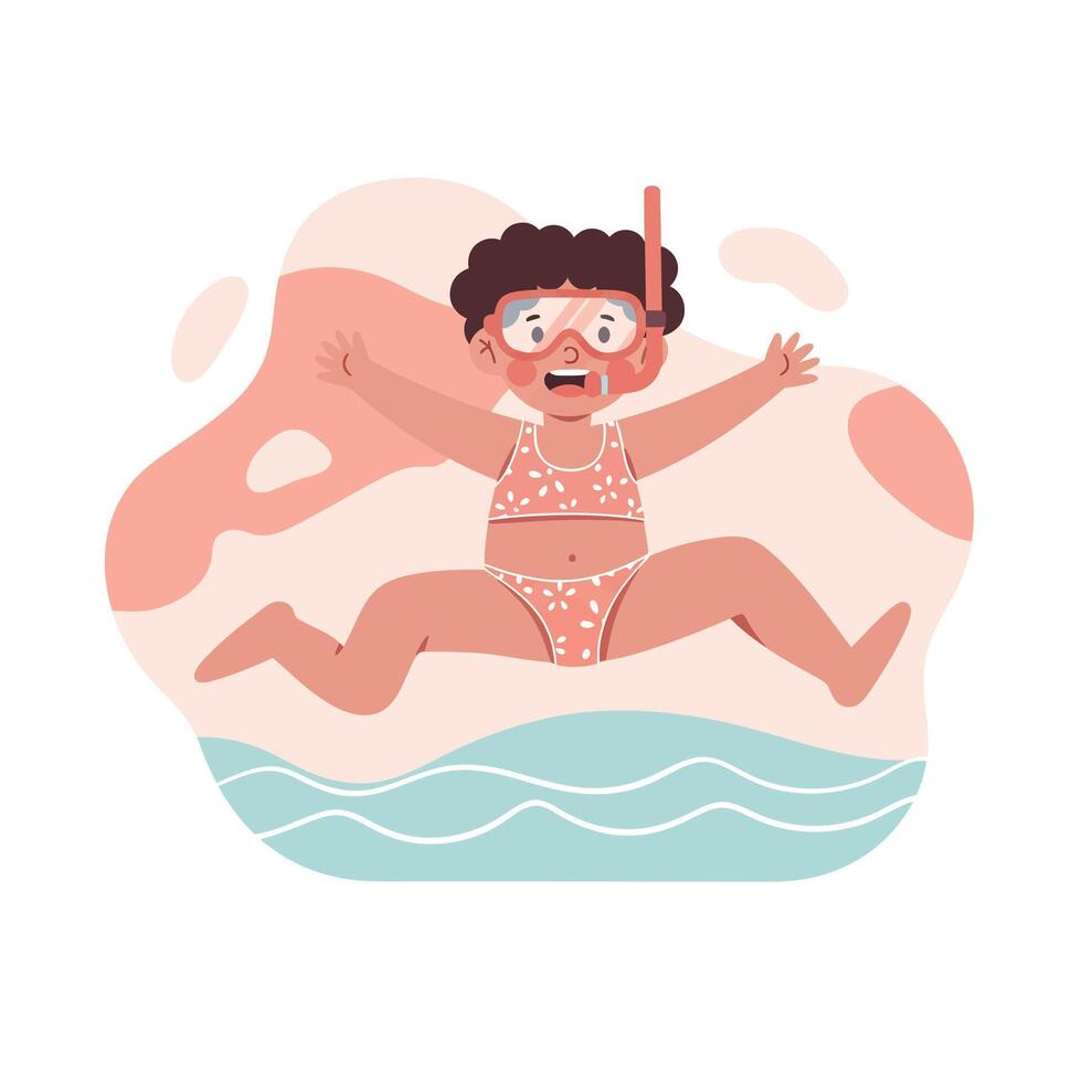 Child wearing snorkel mask and swimwear jumping into water with surprised expression in summer fun activity vector