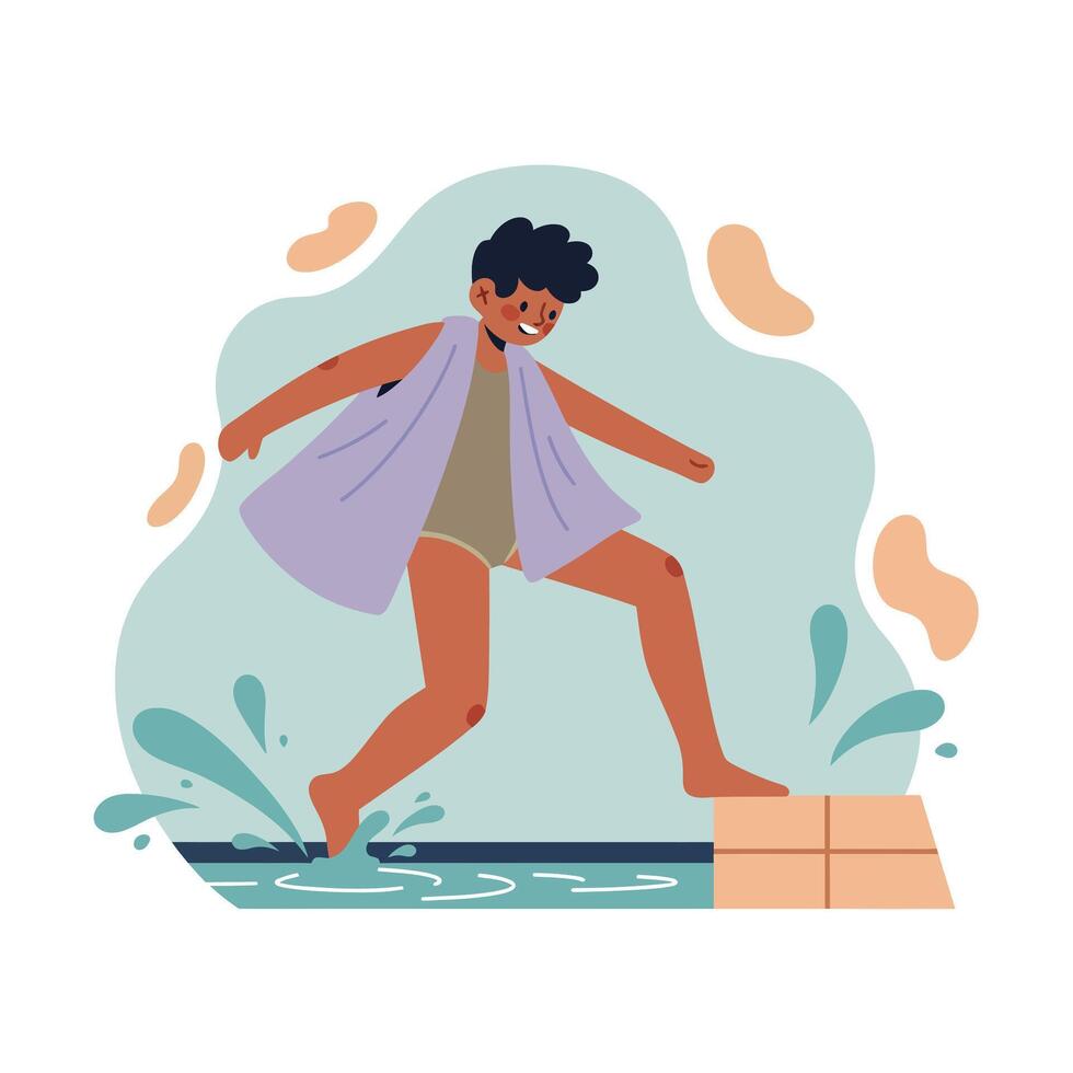 Child jumping into water splash pool with joyful expression and playful mood in summer outdoor activity vector