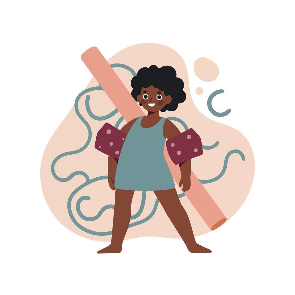 Child playing with maze puzzle toy wearing floaties in summer activity indoors vector