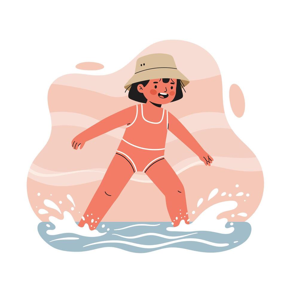 Child playing in water splashing waves wearing summer hat and swimsuit joyful summer activity for kids vector