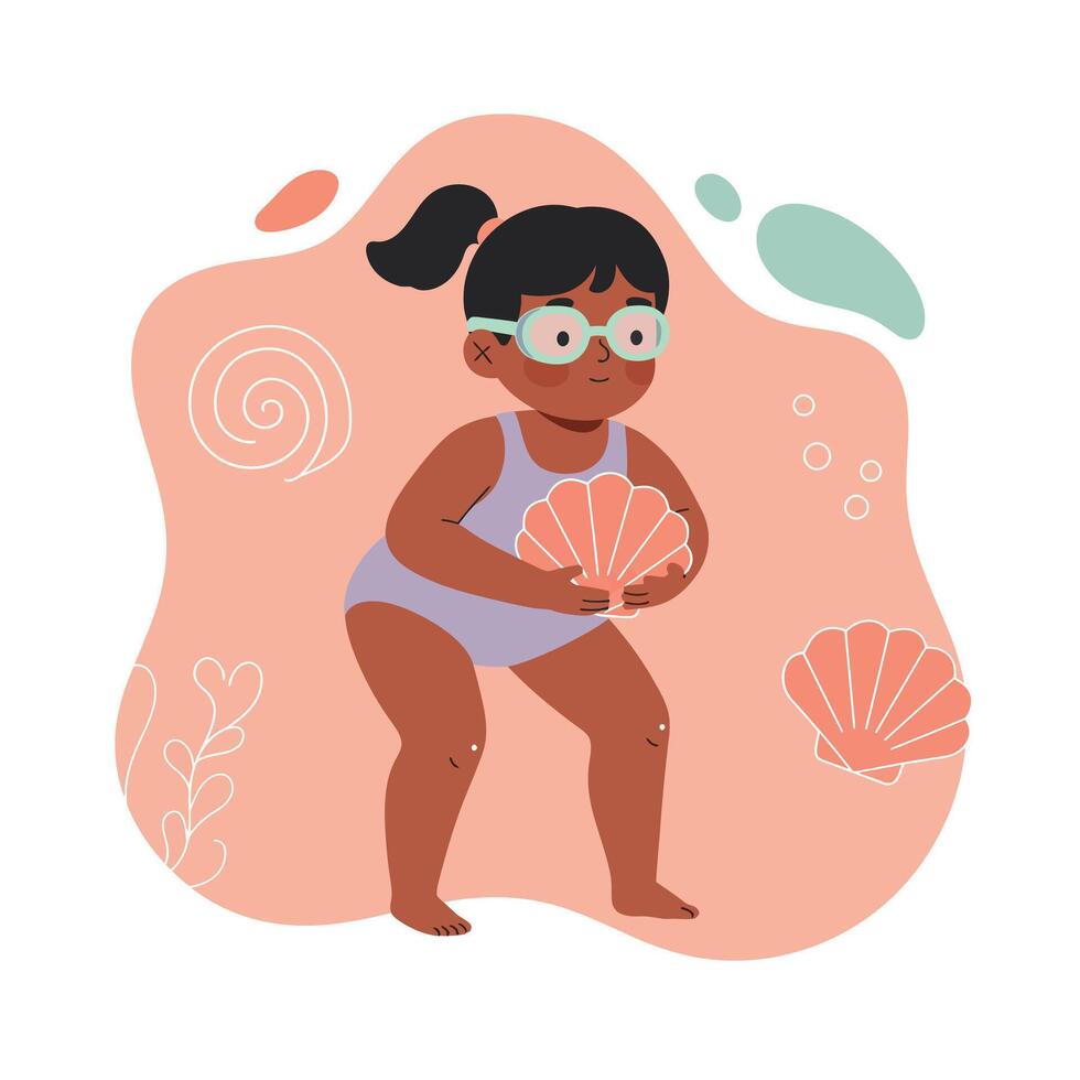 Child playing with seashells on beach summer day in colorful swimwear and glasses cheerful scene vector