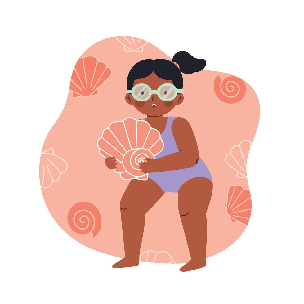 Child wearing goggles holding seashell on peach background with shell patterns illustration digital art vector