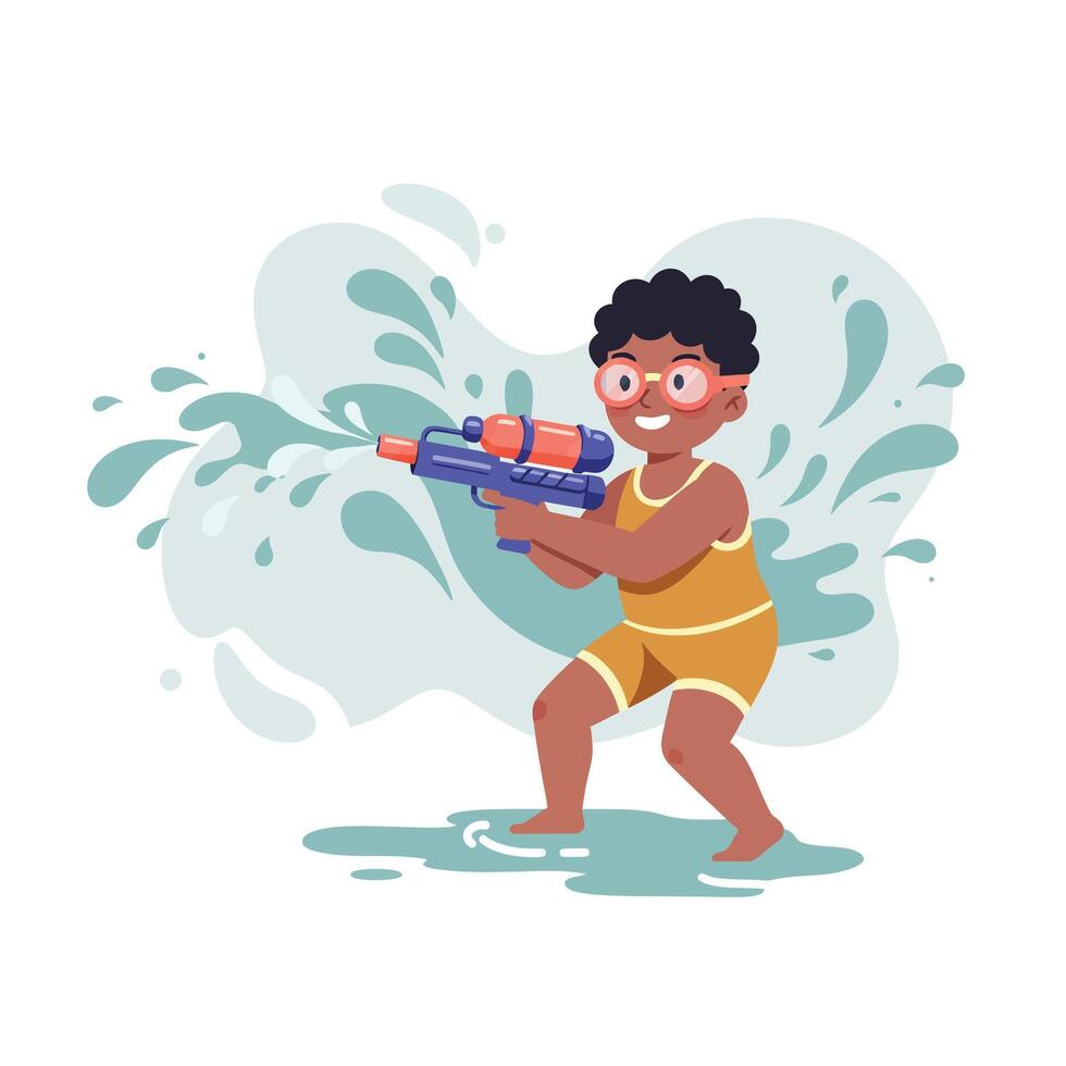 Child playing with water gun in summer splashing water and having fun outdoors vector