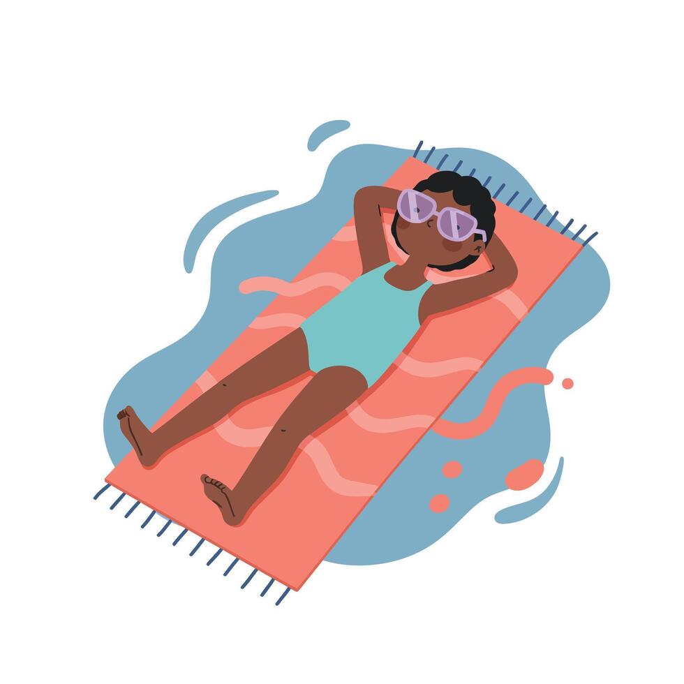 Woman Relaxing on Coral Beach Towel Wearing Sunglasses and Blue Swimsuit in Summer Sunlight vector