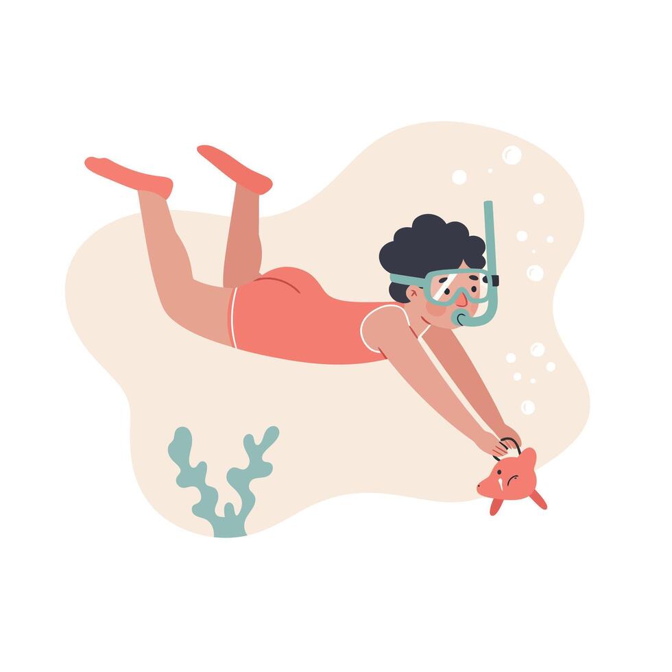 Child snorkeling underwater holding starfish in coral reef environment with bubbles and mask vector