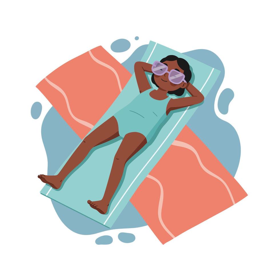 Woman relaxing on beach towel in sunglasses enjoying sunny day in swimwear summer leisure vector