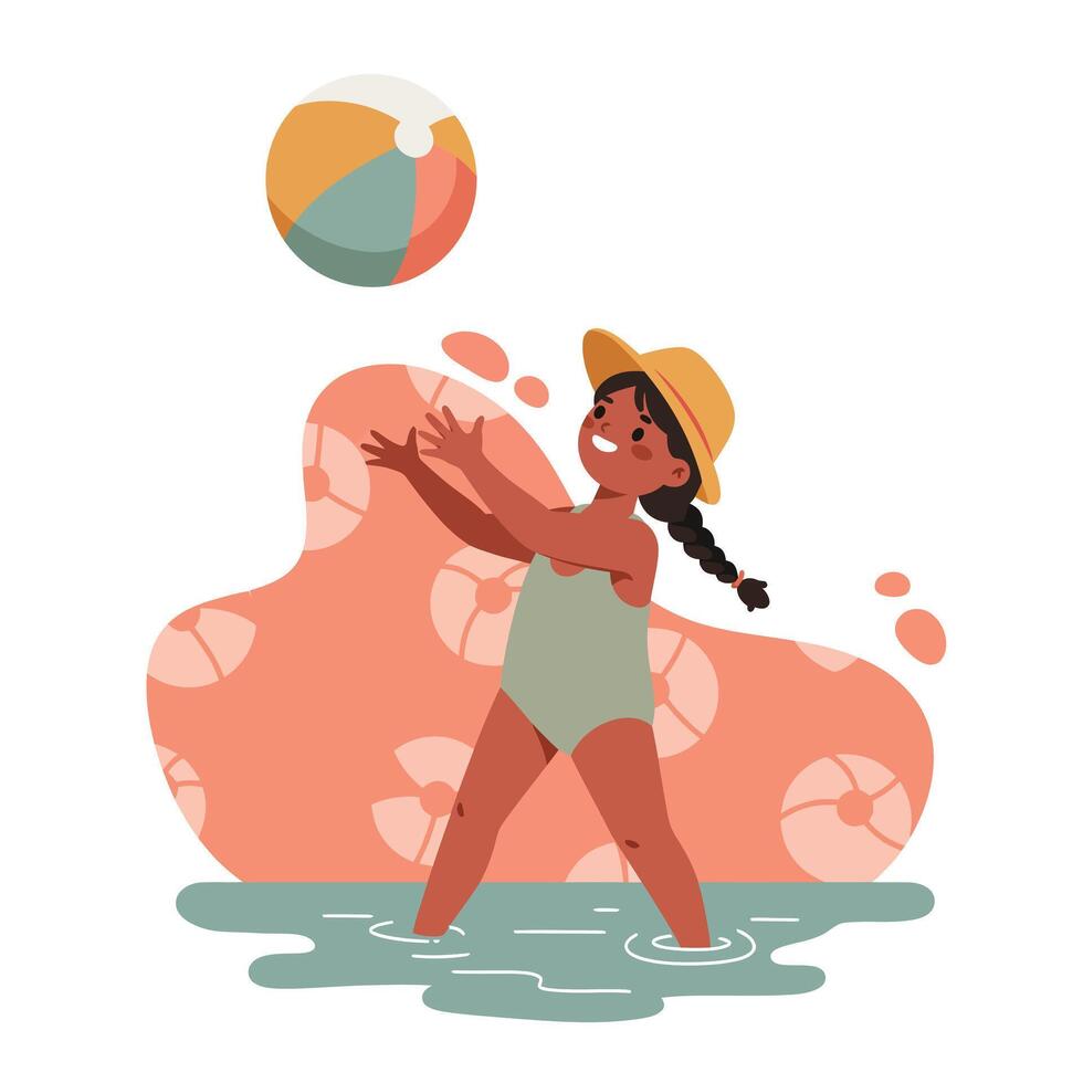 Girl playing with colorful beach ball in shallow water wearing green swimsuit and straw hat summer fun activity vector