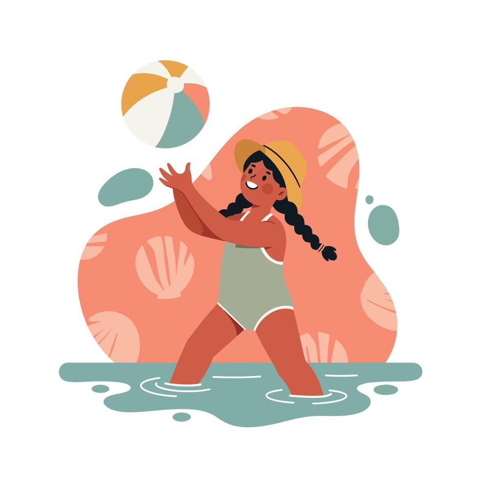 Girl in hat playing with colorful beach ball in water during summer leisure activity outdoors vector